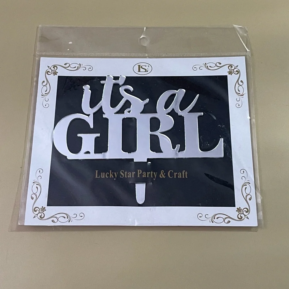 NWT It's a Girl Cursive Mirrored Acrylic Cake Topper
